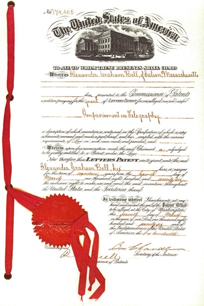 Alexander Graham Bell’s first telephone patent, “Improvement on Telegraphy” (1876)