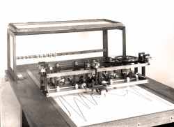 Photograph of the harmonic analyzer used by Dayton Miller, designed by G. Coradi of Zurich. A 1916 letter from Coradi to Miller, discussing this analyzer, can be found at Letter #24 in the department’s archive of historical letters. The CWRU Physics Dept. no longer has this device in its collection. It’s whereabouts is unknown – but the word is that someone in the Case Math Department borrowed it in the 1950’s.