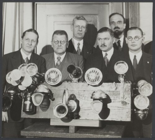 Some Noise Abatement Adherers behind Car Horn Collection, The Netherlands, mid- 1930s. The second and third persons from the right are C. Zwikker, and A.D. Fokker respectively.