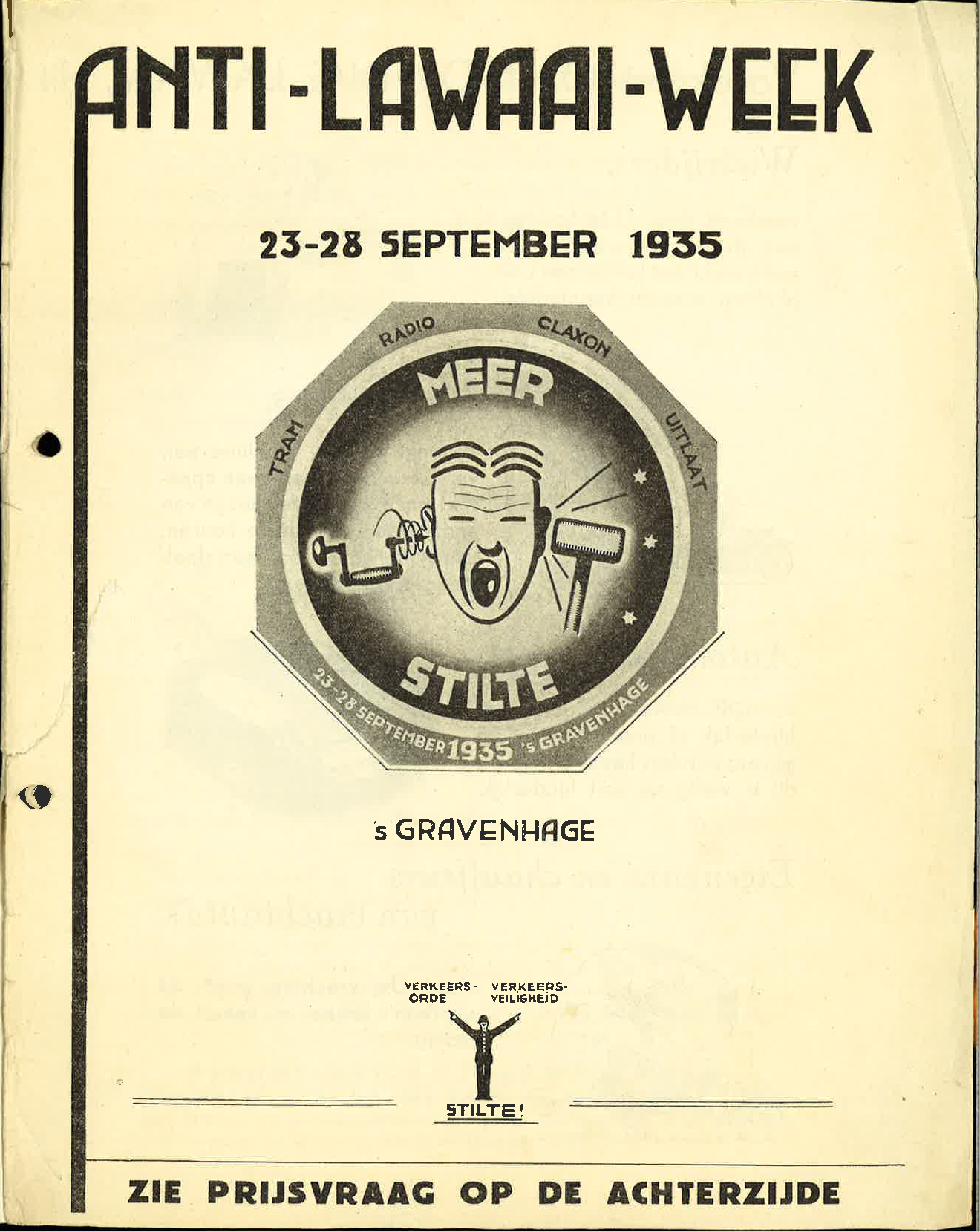 Figure 1: Leaflet "Anti-Noise Week", September 23-28, 1935, The Hague (The Netherlands). From Archives Sound Foundation (Geluidstichting), stored at the archives of the Dutch Acoustical Society (Nederlands Akoestisch Genootschap), Nieuwegein, The Netherlands. Courtesy Nederlands Akoestisch Genootschap.
